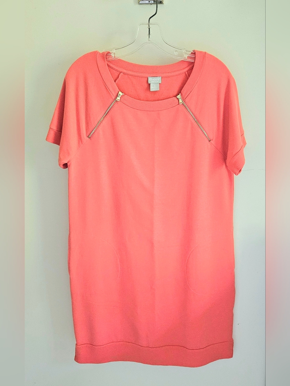 Chico's Dress Zenergy Orange Shift Dress Zipper Detail Short Sleeve
